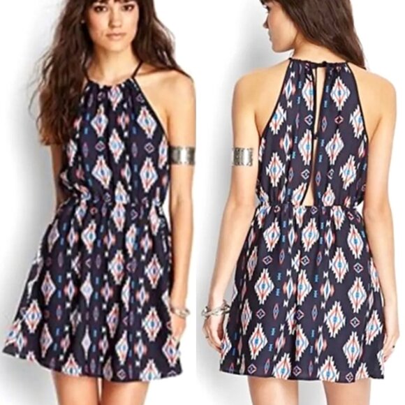 Forever 21 Women's Halter High Neck Backless Geometric Print Mini Dress Small - Picture 1 of 15